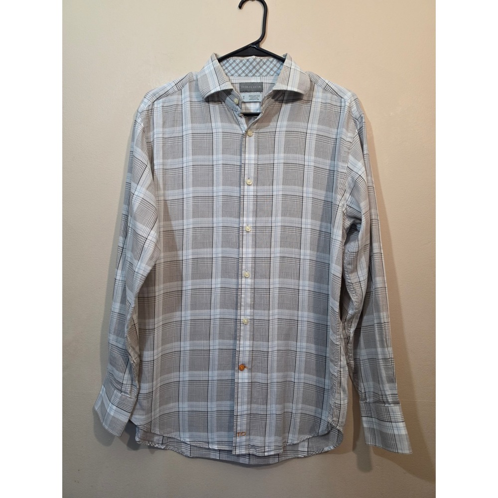 Thomas Dean Mens Grey Plaid Cotton Button Down Shirt Size Medium Long Sleeve TD